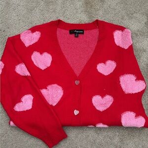 32 Degrees Red Cardigan with Pink Heart Patterns